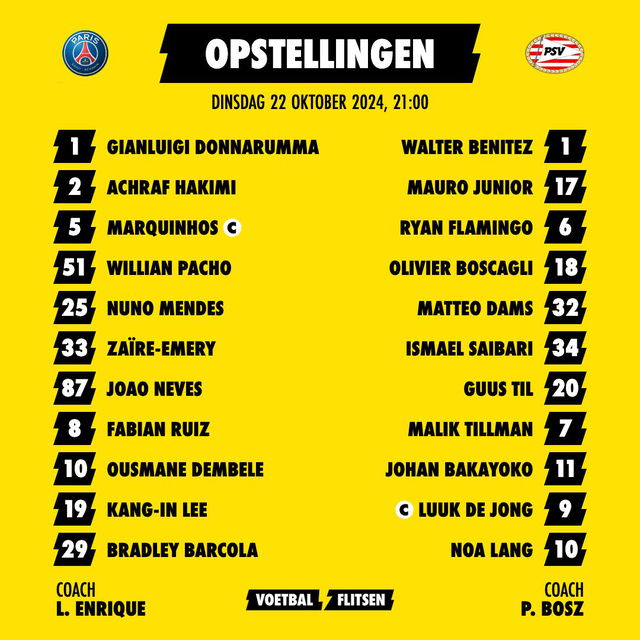 opstellingen psg psv