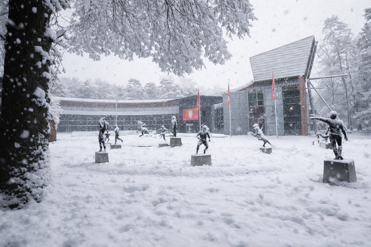 Het bondsbureau van de KNVB in Zeist onder winterse omstandigheden. Het winterweer heeft geleid tot afgelastingen in het betaald voetbal.