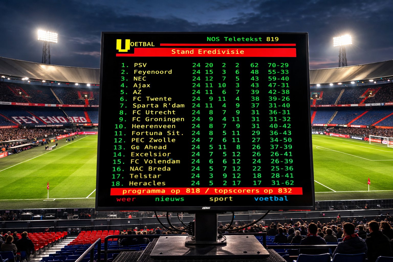 Stand Eredivisie na speelronde 24 in de Eredivisie, seizoen 2025-2026