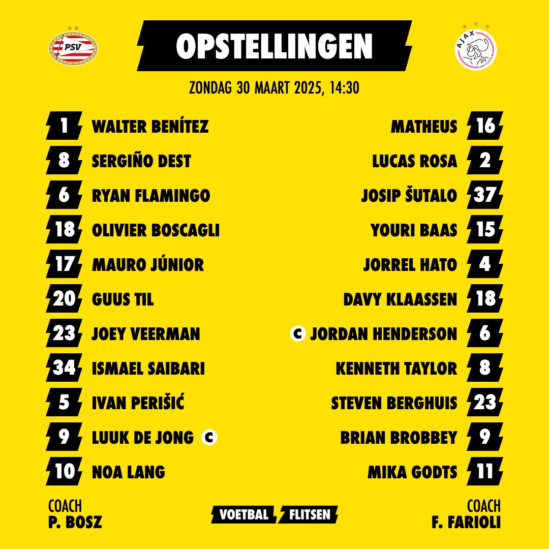 Opstellingen PSV - Ajax bekend: geen Schouten bij PSV