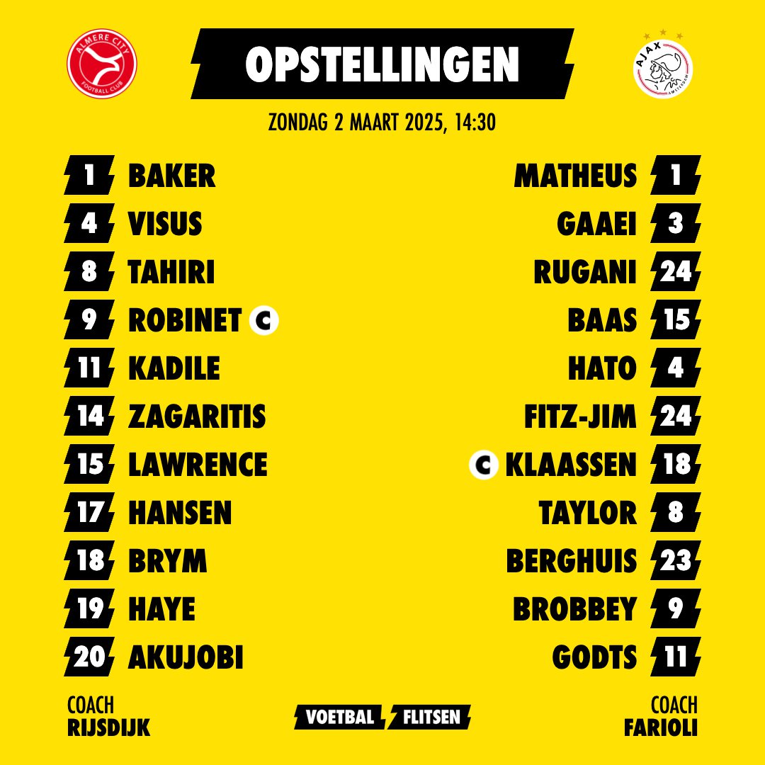 Dit zijn de opstellingen van Almere City en Ajax