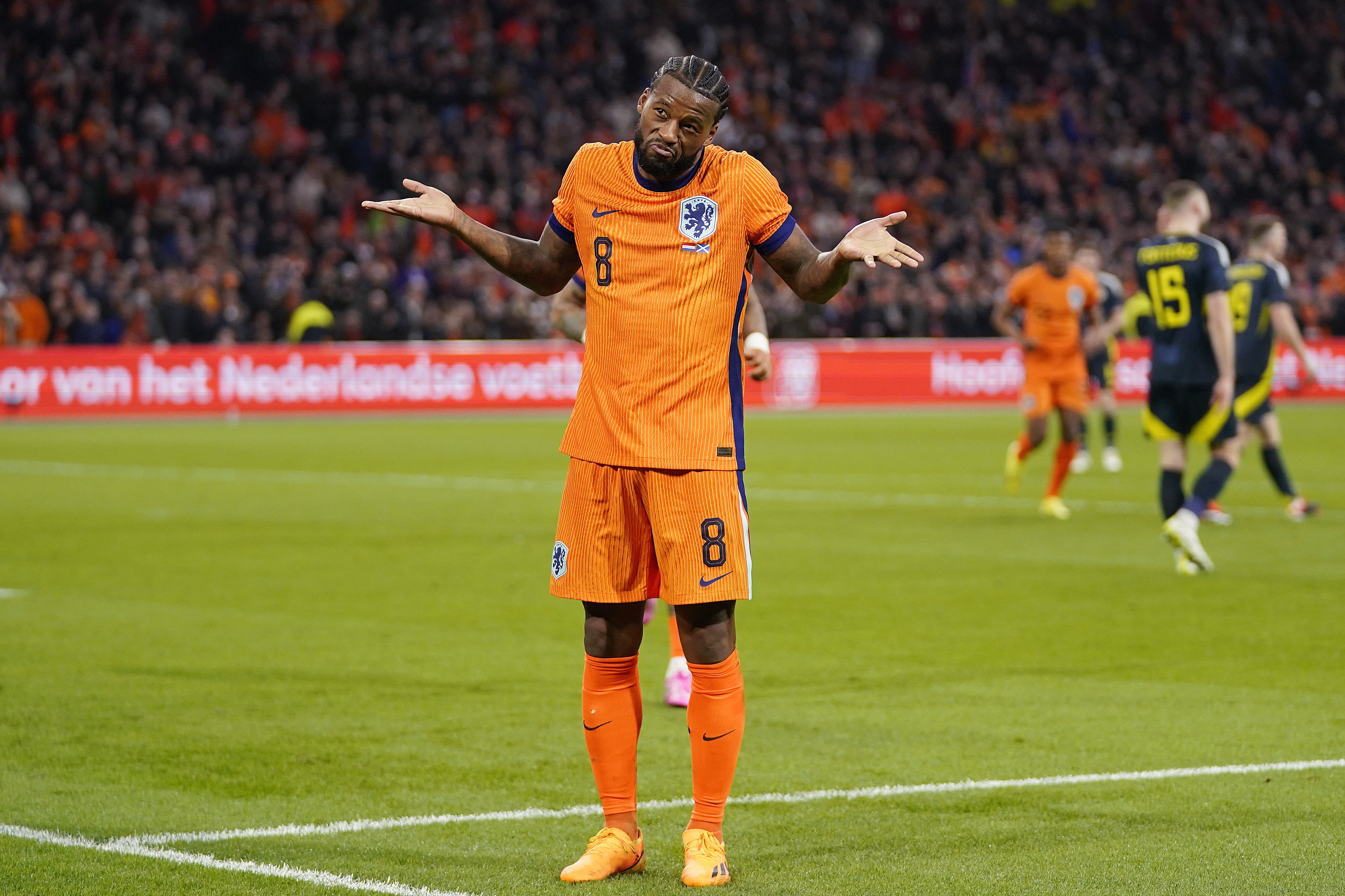 Georginio Wijnaldum in het shirt van het Nederlands elftal. De middenvelder was op Eerste Kerstdag trefzeker voor Al-Ettifaq in Saudi-Arabië.