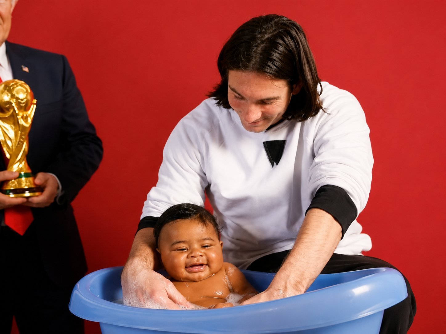 Lionel Messi poseert in 2007 tijdens een UNICEF-fotoshoot met de nog geen jaar oude Lamine Yamal. Bijna negentien jaar later treffen de twee elkaar in de WK-finale tussen Argentinië en Spanje.