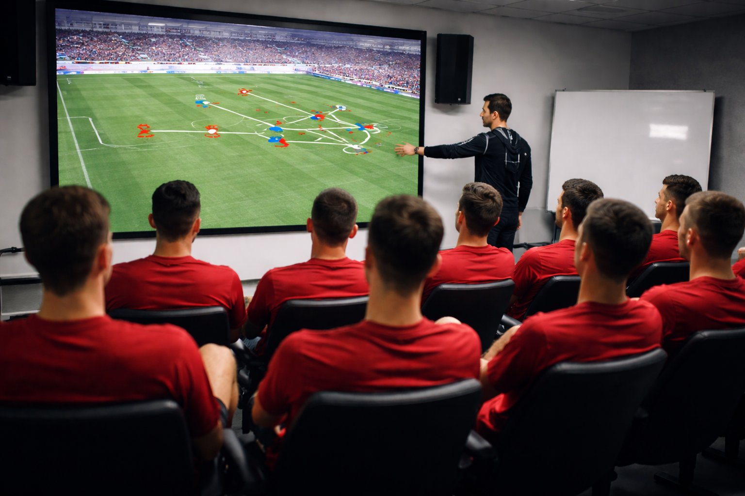 Spelers volgen een videoanalyse op de club. Wat tegenwoordig een strak geregisseerd proces is, kende vijftien jaar geleden soms opvallend vrije vormen.