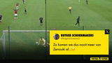 Doelpunt, maar wel in het verkeerde doel: Ramiz Zerrouki passeert zijn eigen doelman Justin Bijlow in de oefenwedstrijd met Nice