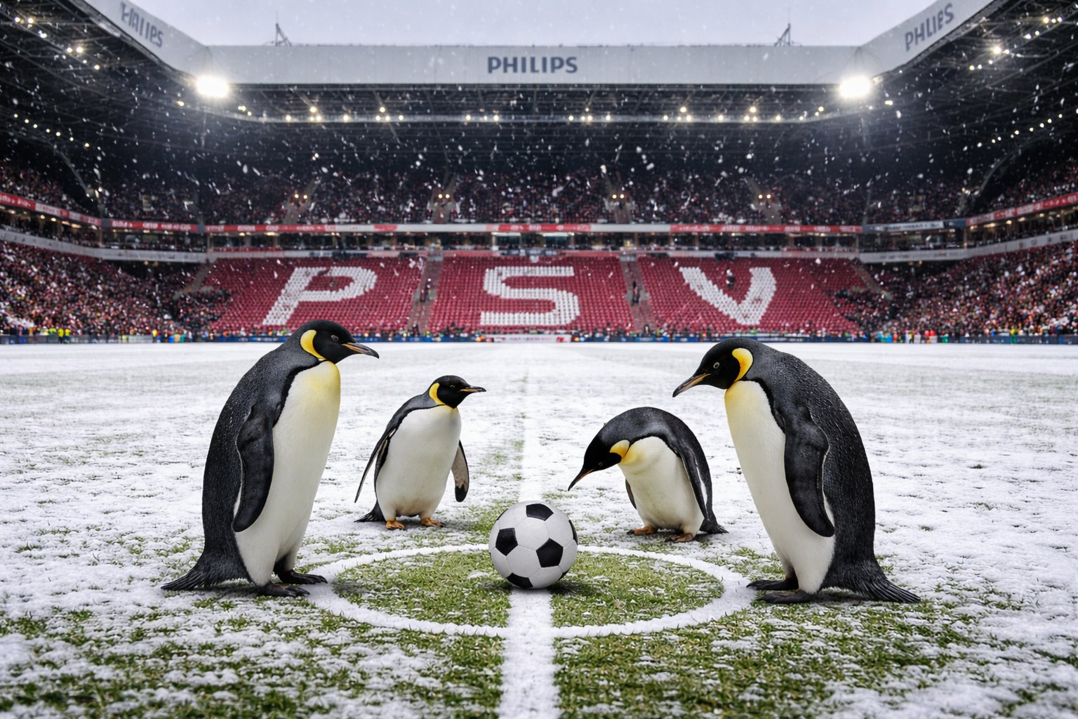 De KNVB is ondanks winterweer nog niet bezig met het uitstellen van de Eredivisie. Velden zijn wit, maar van pinguïns aan de aftrap is (nog) geen sprake.