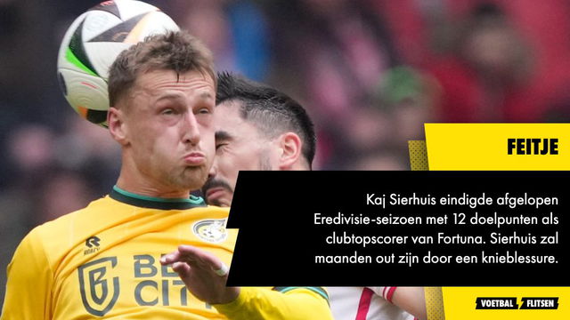 Kaj Sierhuis eindigde afgelopen Eredivisie-seizoen met 12 doelpunten als clubtopscorer van Fortuna. Sierhuis zal maanden out zijn door een knieblessure.